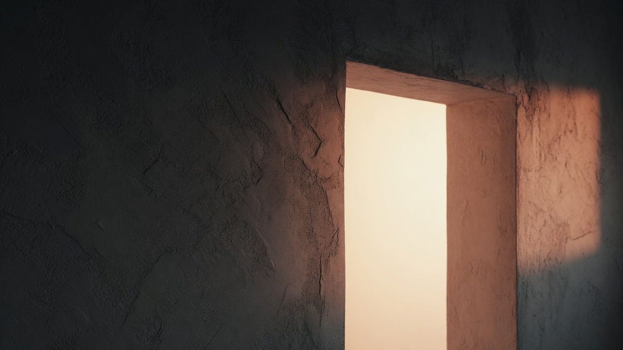 Una soglia illuminata in un muro scuro, luce calda che entra dal buio.