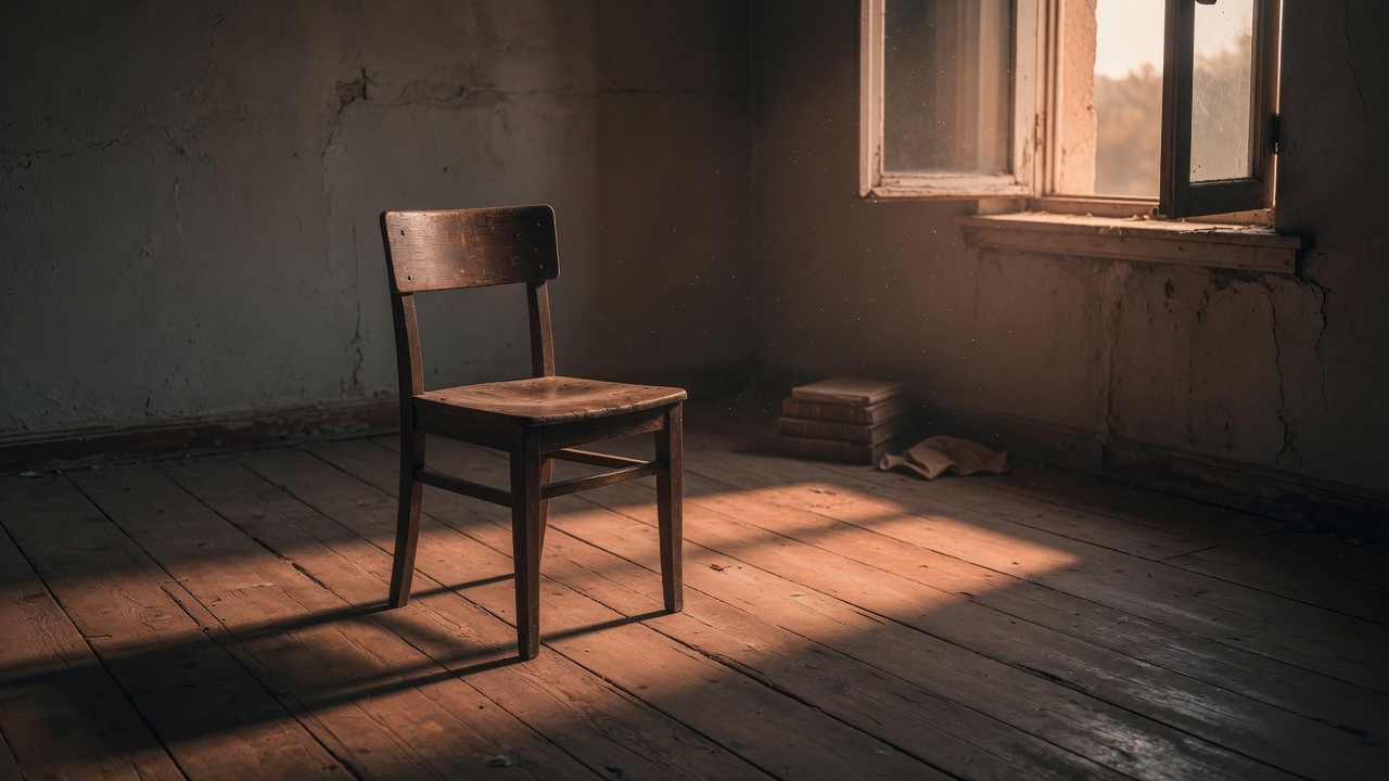 Una sedia vuota in una stanza con la luce del pomeriggio che entra dalla finestra.